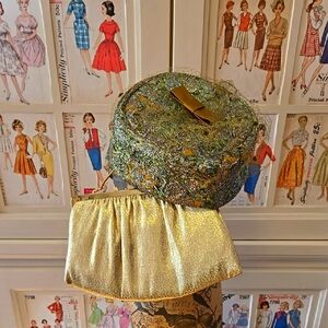 Vintage shimmering mtallic pillbox hat and gold evening bag